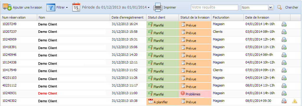 Liste LES d’origine avec des entrées Demo Client, les statuts de planification et de livraison, la facturation et les créneaux de livraison.