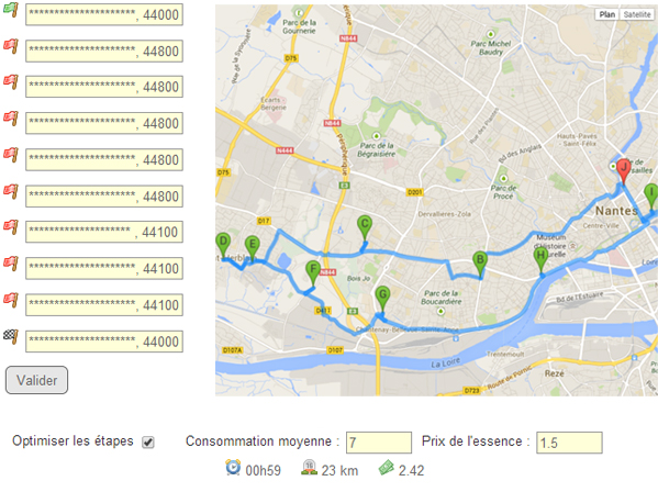 Écran LES d’origine avec adresses masquées, étapes ordonnées sur une carte et estimation de la distance, de la durée et du coût du carburant.